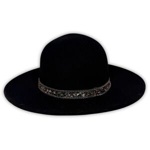 Adora Black 100% Wool Felt Wide Brim Cowgirl Fedora Hat Beaded Chain Band Ranch